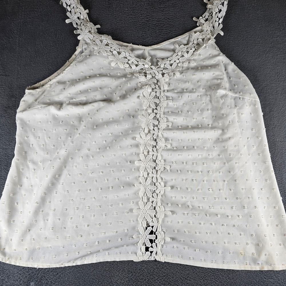 Cream Swiss Dot Sleeveless Cami Top Floral Crochet Lace Trim V-Neck Tank